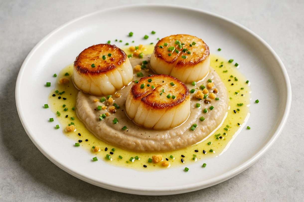 Gebratene Jakobsmuscheln auf Maronenpüree mit Yuzu-Butter