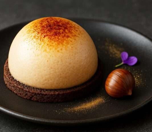 Eleganz in Schichten – Geflämmter Maronen-Mousse-Dome auf Espresso-Boden Geflämmter-Maronen-Mousse-Dome-auf-Espresso-Boden