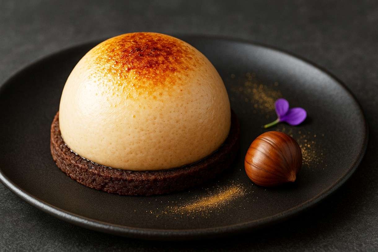 Eleganz in Schichten – Geflämmter Maronen-Mousse-Dome auf Espresso-Boden
