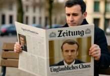 Frankreichs Medienpolitik: Zwischen Desinformationsabwehr und Zensurverdacht Macron_Zeitung_Chaos_Illustration