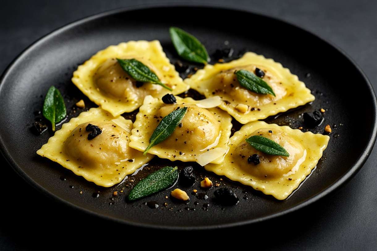 Maronen-Ravioli mit Salbeibutter und schwarzem Knoblauch