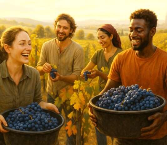 Kommentar: Zwischen Reben und Beton – Wie Bordeaux’ „Raisins de la Solidarité“ neue soziale Wurzeln schafft Solidarische_Weinlese_Illustration