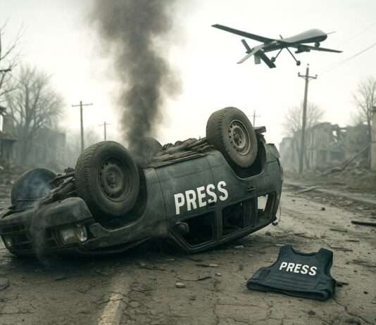 Zielscheibe Presseweste – Der Fall Antoni Lallican und die juristische Sprengkraft seiner letzten Reportage Ukraine_Angriff_Drohne_Presse_Illustration