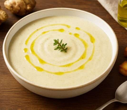 Velouté de Topinambour à l’huile de truffe – Topinambur-Cremesuppe mit Trüffelöl Velouté-de-Topinambour-à-l-huile-de-truffe