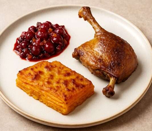 Confit de Canard auf Süßkartoffelgratin und Cranberry-Relish Confit-de-Canard-auf-Süßkartoffelgratin-und-Cranberry-Relish