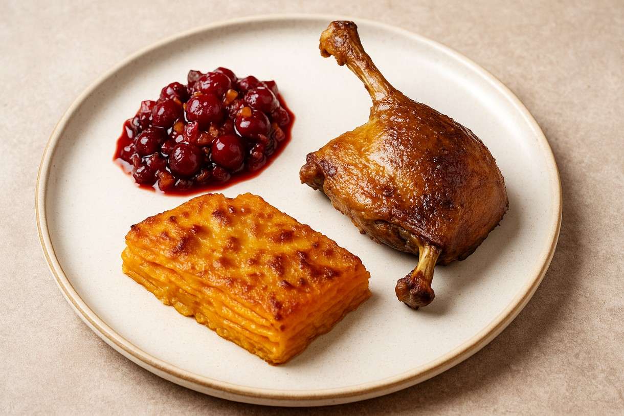 Confit de Canard auf Süßkartoffelgratin und Cranberry-Relish