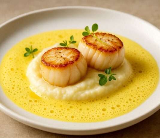 Coquilles Saint-Jacques auf Blumenkohlpüree mit Safranschaum: Französische Festtagsküche im modernen Gewand Coquilles Saint-Jacques-auf-Blumenkohlpüree-mit-Safranschaum