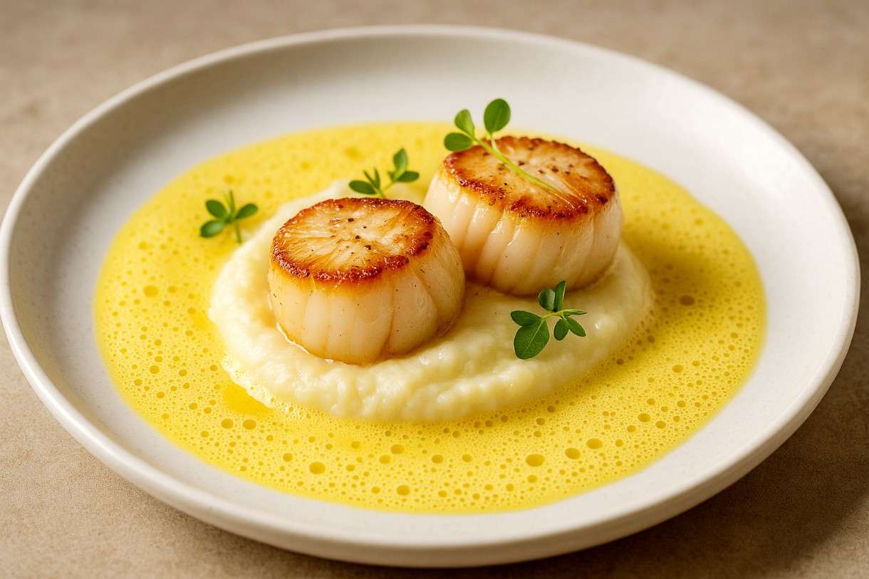 Coquilles Saint-Jacques auf Blumenkohlpüree mit Safranschaum: Französische Festtagsküche im modernen Gewand