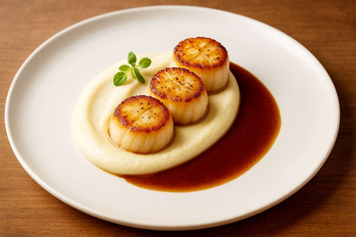 Coquilles Saint-Jacques rôties, Purée de Céleri et Jus de Veau réduit
