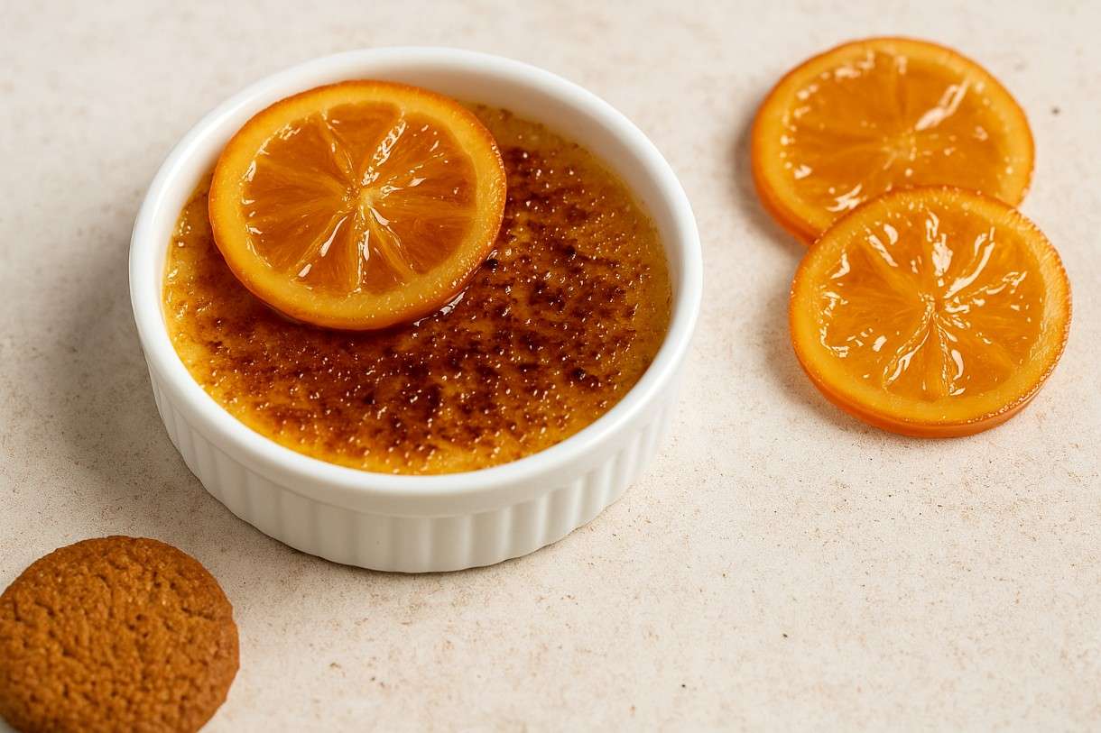 Crème Brûlée mit Spekulatius und kandierten Orangen: Der französische Klassiker in weihnachtlichem Gewand