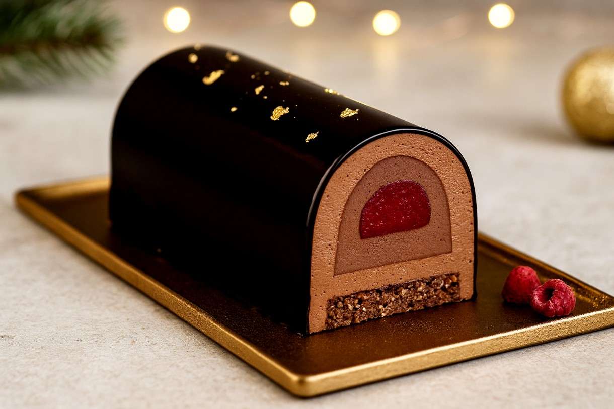 Die neue Eleganz der Weihnachtsbûche: Entremets mit Schokolade, Tonkabohne und Himbeerkern