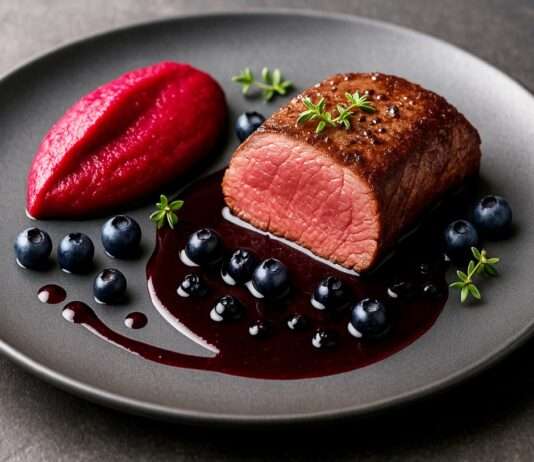 Filet de Chevreuil, Purée de Betterave et Jus de Myrtille Filet-de-Chevreuil-avec-Purée-de-Betterave-et-Jus-de-Myrtille