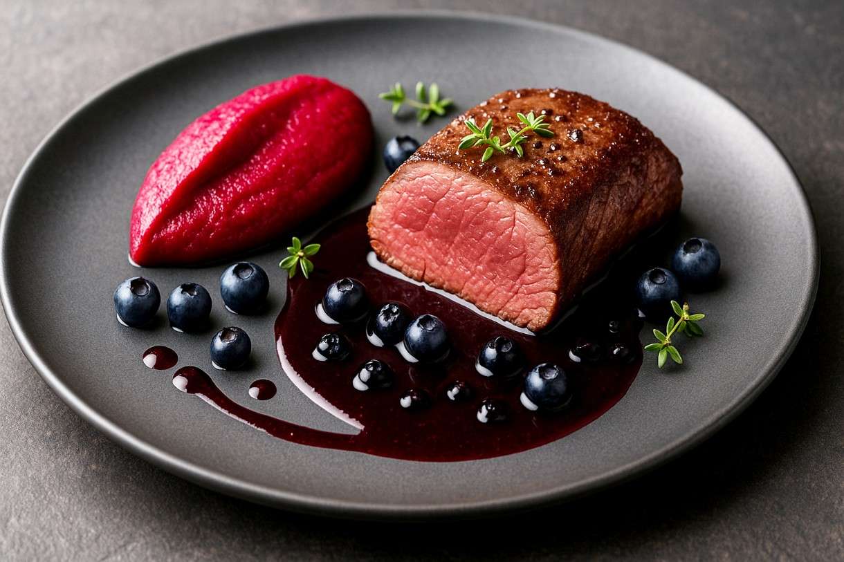 Filet de Chevreuil, Purée de Betterave et Jus de Myrtille