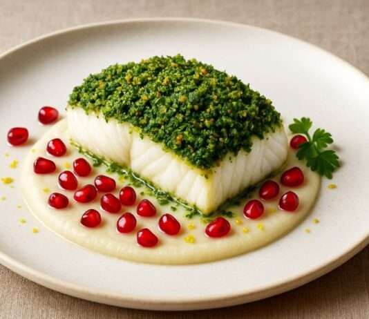 Ein Fest für die Sinne: Kabeljau in Wildkräuterkruste auf Selleriecreme mit Granatapfelkernen Kabeljau-in-Wildkräuterkruste-auf-Selleriecreme-mit-Granatapfelkernen