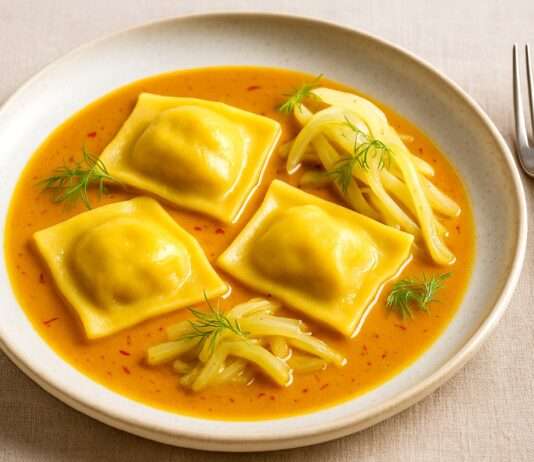 Langustinen-Ravioli in Bisque mit Safran und Fenchel: Ein Festgericht zwischen Haute Cuisine und Mittelmeerromantik Langustinen-Ravioli-in-Bisque-mit-Safran-und-Fenchel