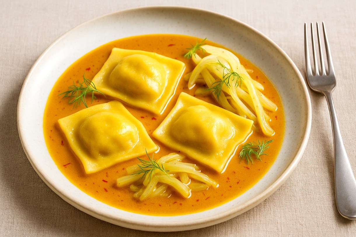 Langustinen-Ravioli in Bisque mit Safran und Fenchel: Ein Festgericht zwischen Haute Cuisine und Mittelmeerromantik