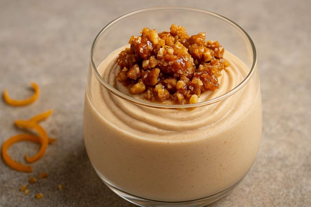 Winterliches Dessert mit französischer Seele: Mousse aus Kastaniencreme mit Orangenblütenwasser und Haselnusskrokant