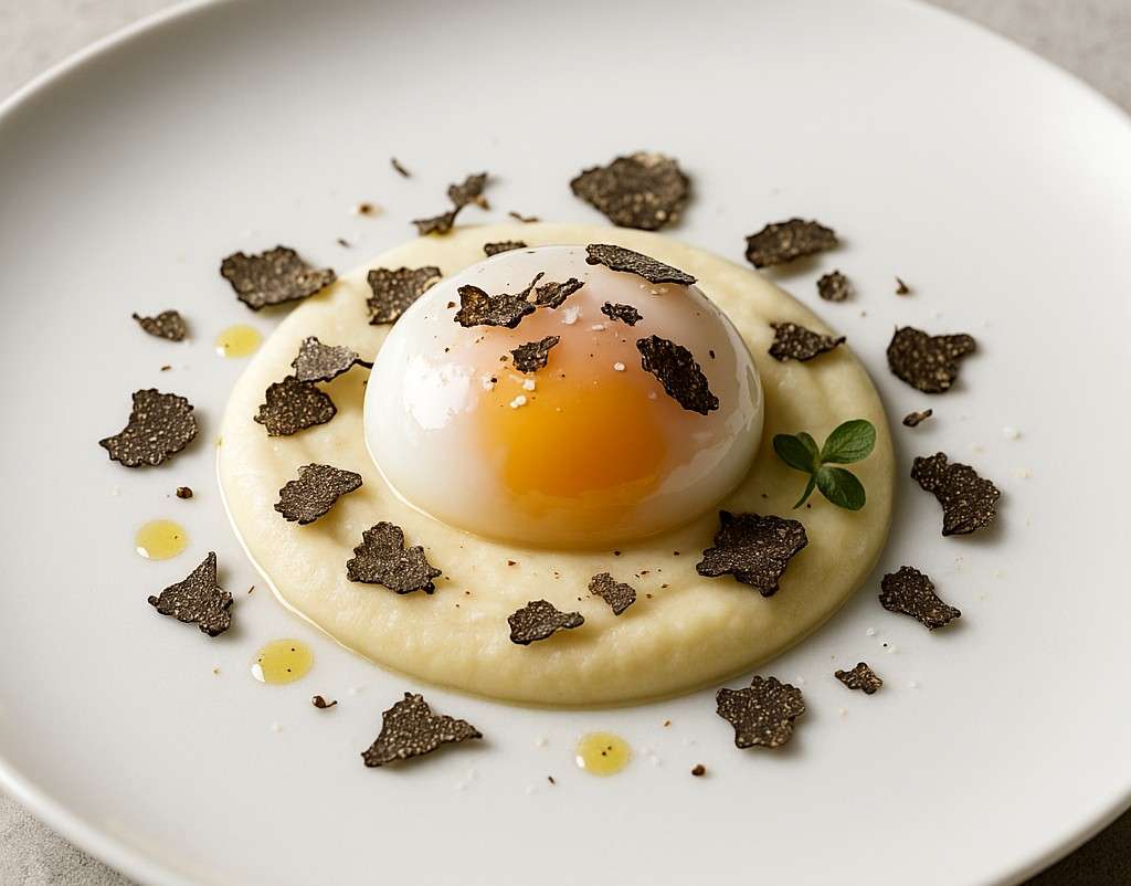 Œuf Parfait sur Purée de Topinambour et Truffe Noire