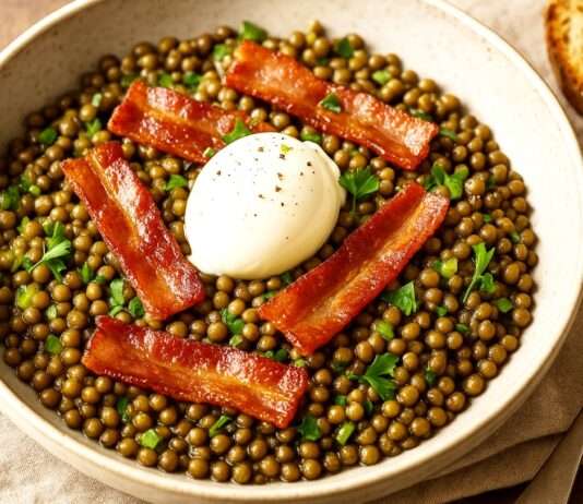 Ein Klassiker neu entdeckt: „Salade tiède de Lentilles vertes du Puy et Lard croustillant“ – der französische Herbst auf dem Teller Salade-tiède-de-Lentilles-vertes-du-Puy-et-Lard-croustillant
