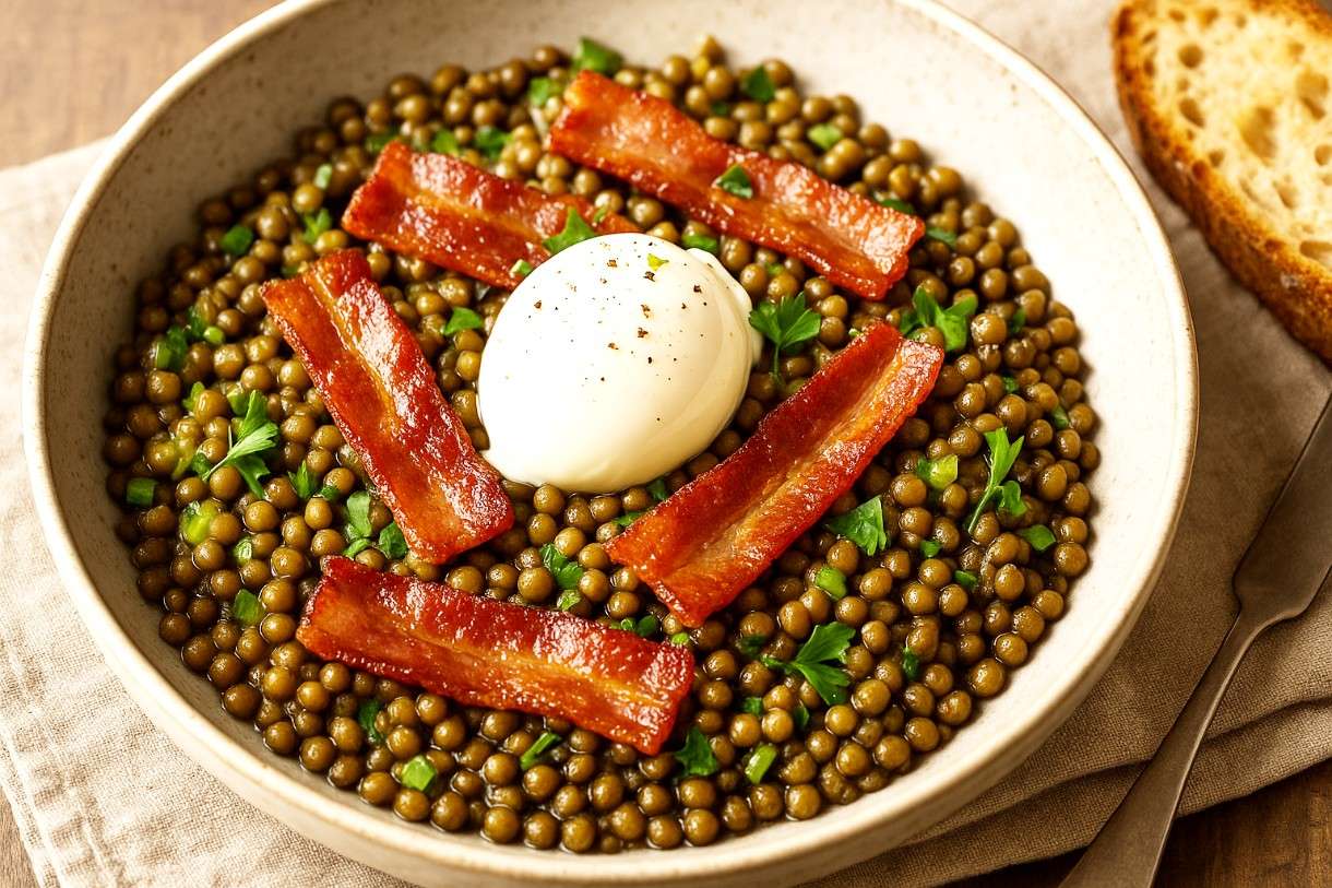 Ein Klassiker neu entdeckt: „Salade tiède de Lentilles vertes du Puy et Lard croustillant“ – der französische Herbst auf dem Teller