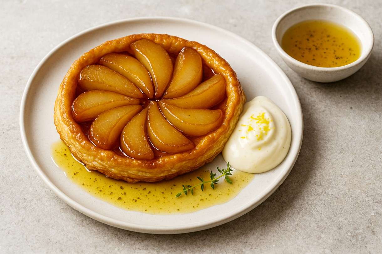Die neue Eleganz eines Klassikers: Tarte Tatin von der Birne mit Kardamom-Sirup und Zitronencrème