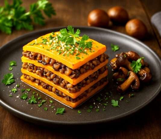 Vegetarisches Millefeuille aus Kürbis, Pilzen & Kastanien – Waldaromen auf dem Teller Vegetarische-Millefeuille-aus-Kürbis-und-Pilzen-&-Kastanien