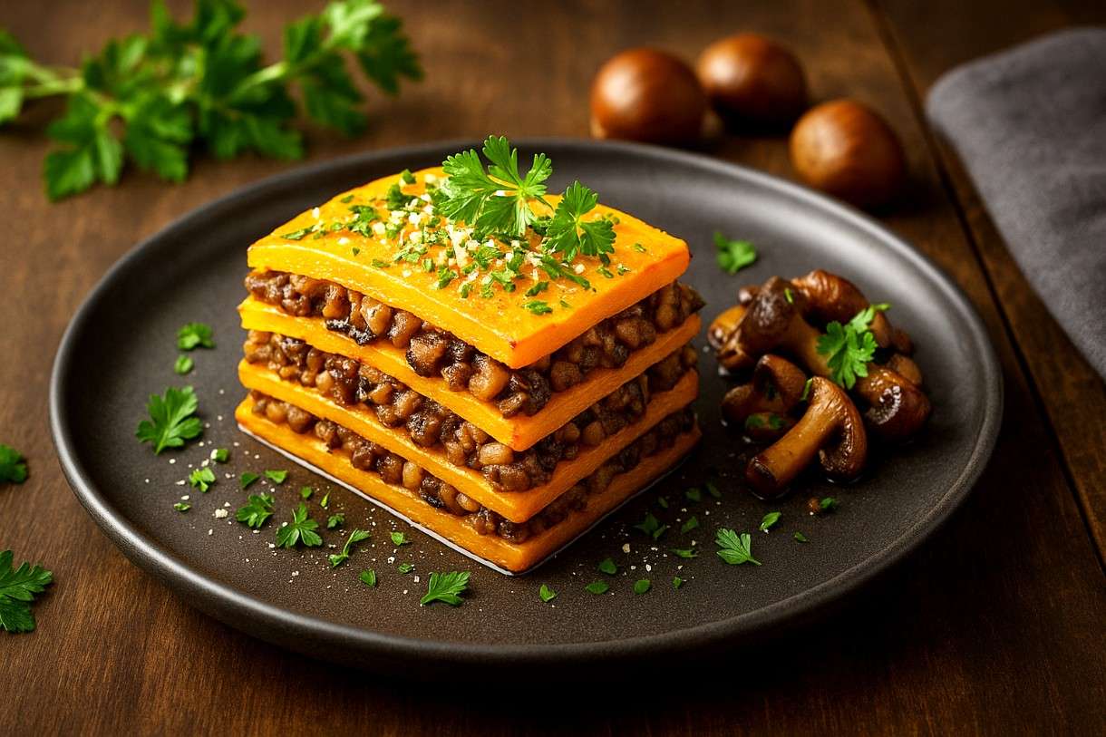 Vegetarisches Millefeuille aus Kürbis, Pilzen & Kastanien – Waldaromen auf dem Teller
