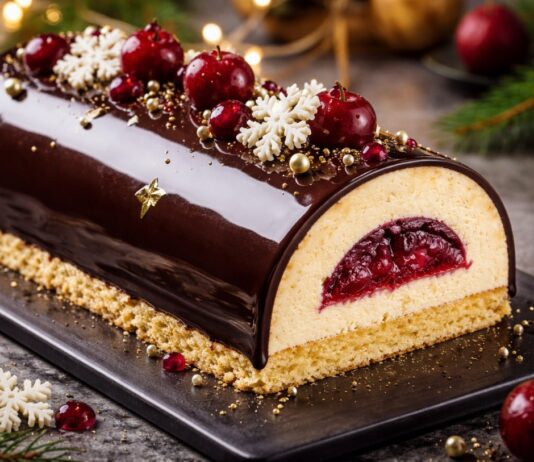 BÛCHE DE NOËL MIT TONKABOHNE & KIRSCHGEL BÛCHE DE NOËL MIT TONKABOHNE & KIRSCHGEL