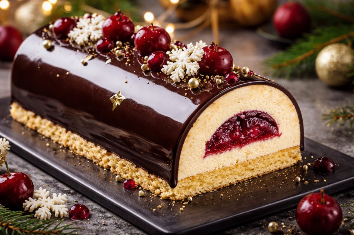 BÛCHE DE NOËL MIT TONKABOHNE & KIRSCHGEL