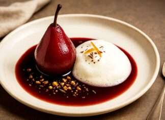 Birnen Pochées in Rotwein mit Vanilleschaum Birnen-Pochées-in-Rotwein-mit-Vanilleschaum