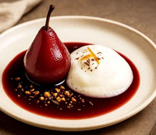 Birnen Pochées in Rotwein mit Vanilleschaum Birnen-Pochées-in-Rotwein-mit-Vanilleschaum