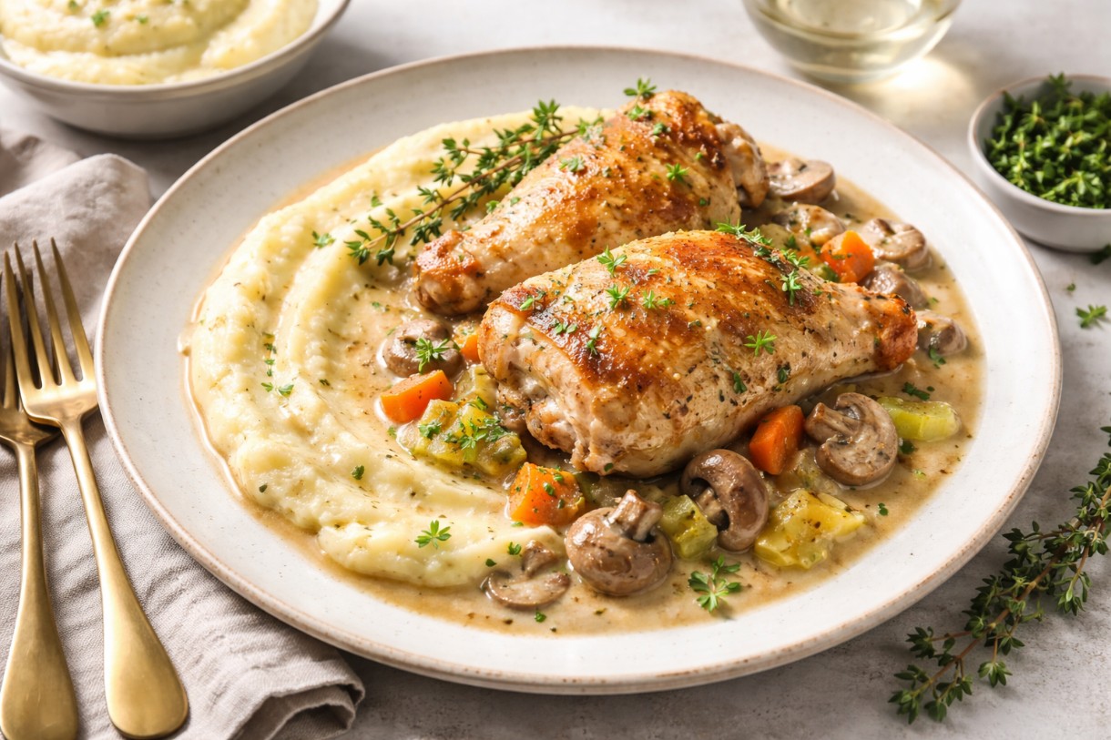 Coq au Vin Blanc mit Pastinakenpüree