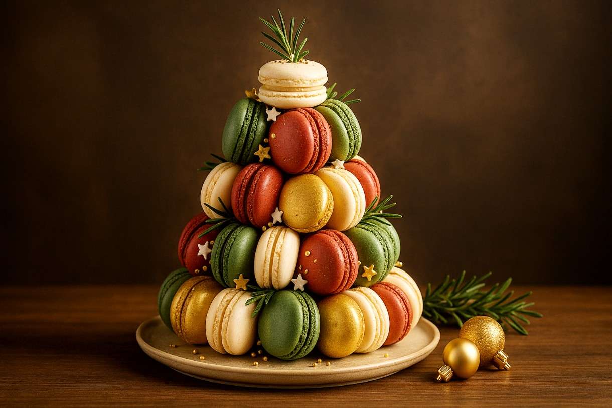 Macaron-Turm mit winterlichen Füllungen
