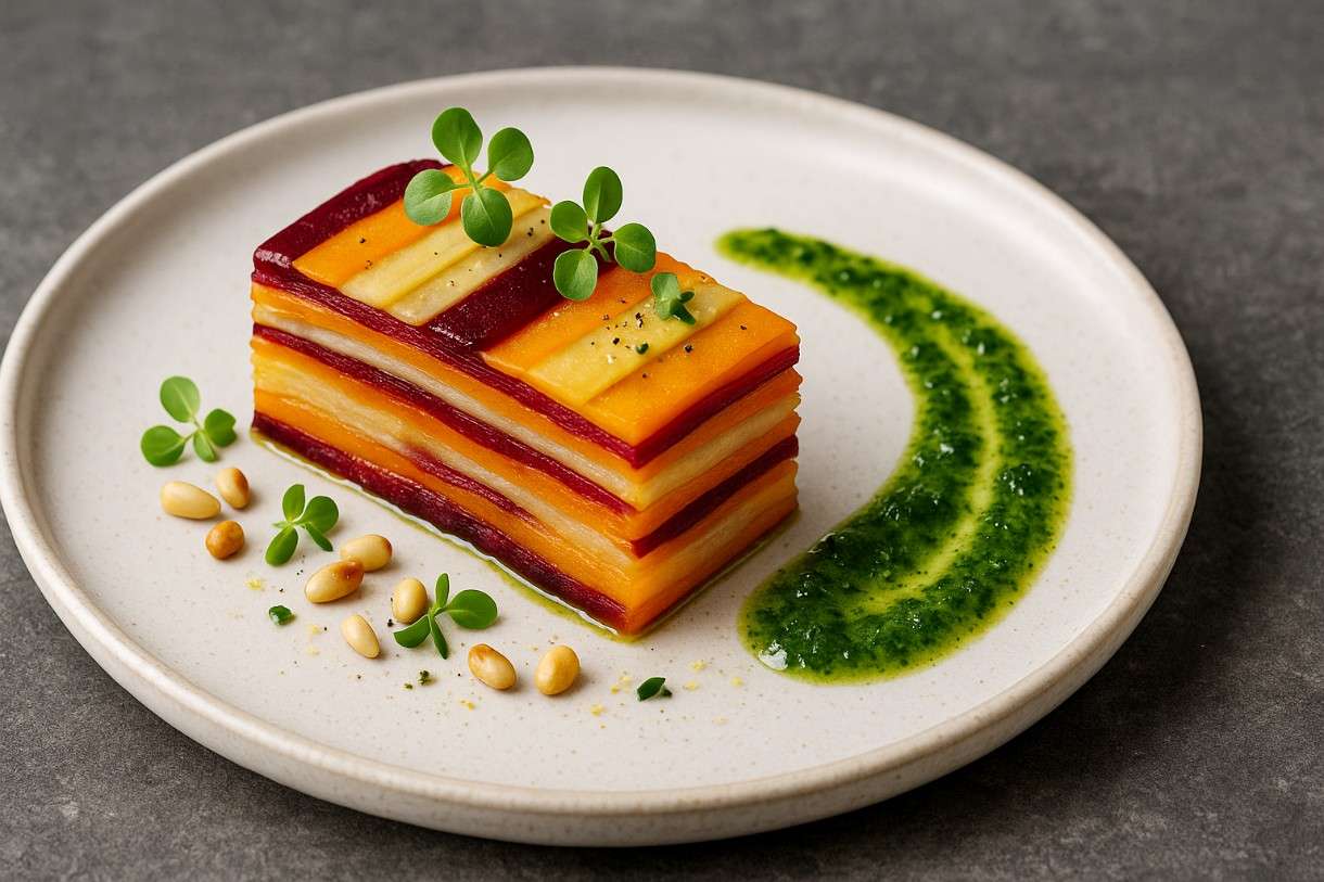 Vegetarisches Millefeuille mit Wurzelgemüse & Kräuteröl