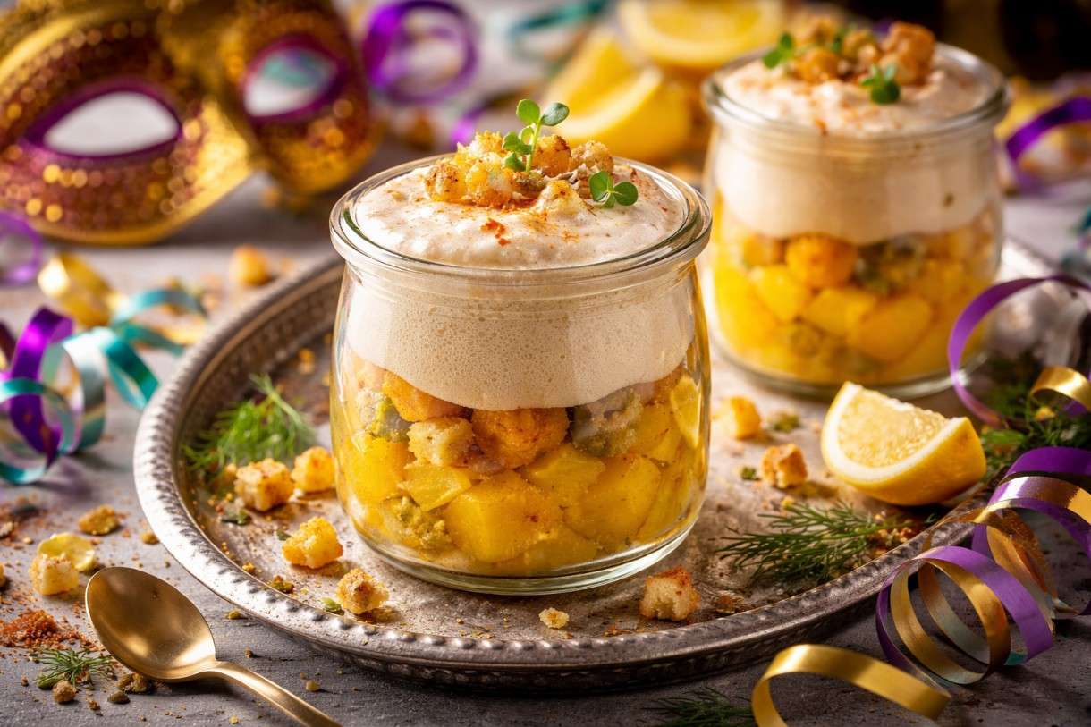 Bouillabaisse Espuma im Glas mit Safran-Kartoffelwürfeln