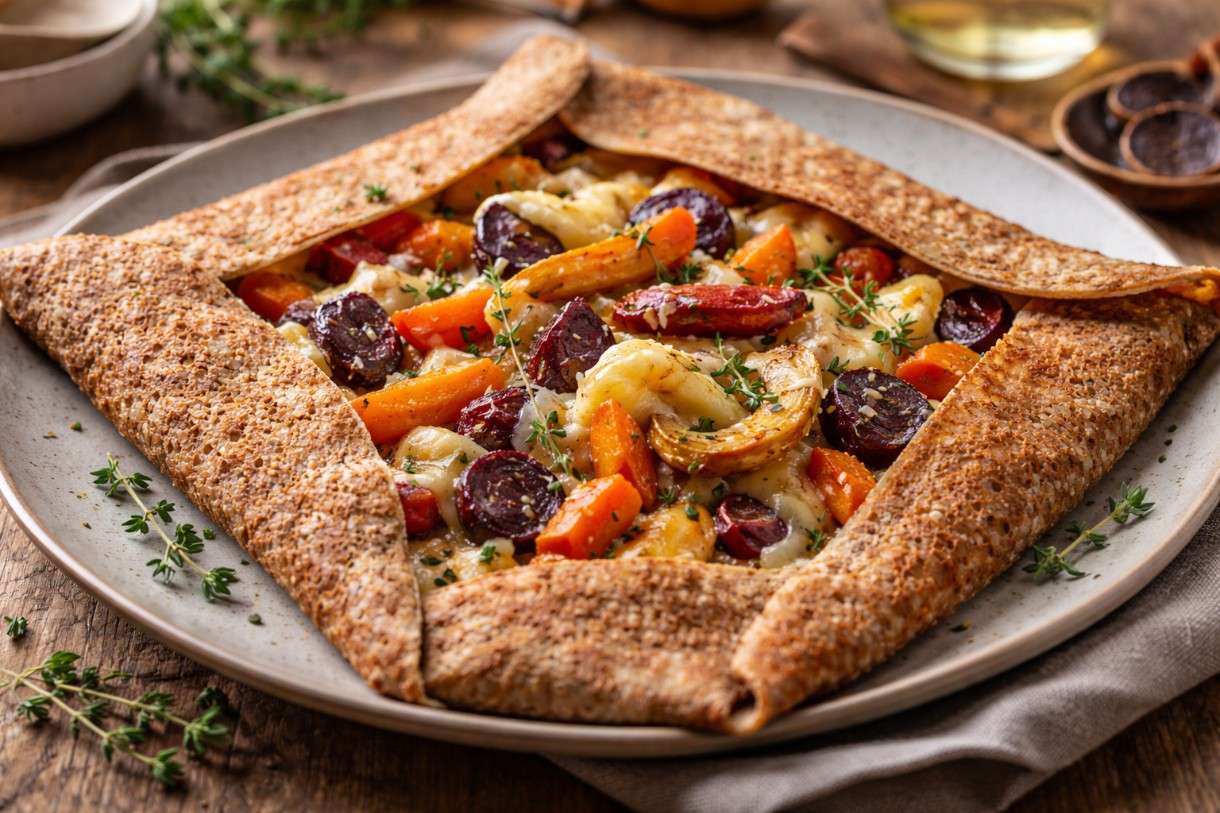 Buchweizen-Galette mit Wintergemüse, Emmentaler und schwarzem Knoblauch