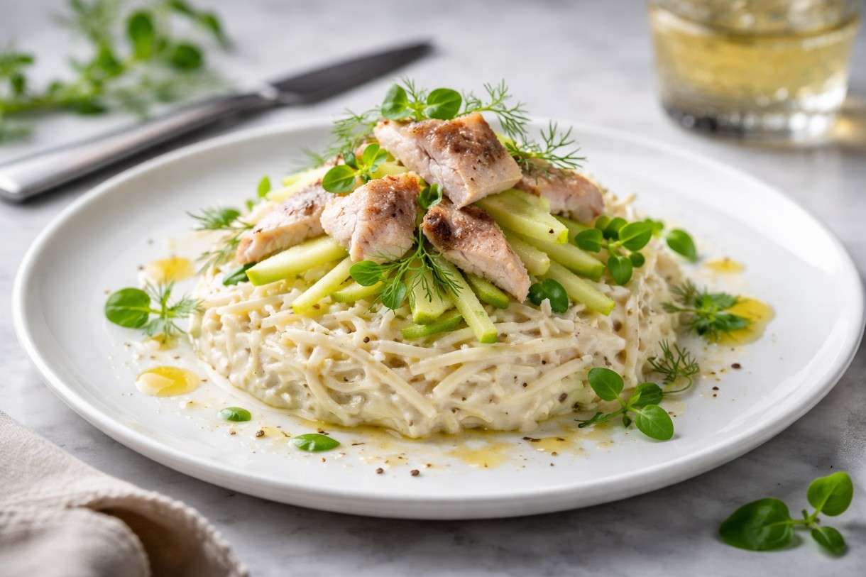 Céleri-Rémoulade mit Apfeljulienne & geräucherter Forelle