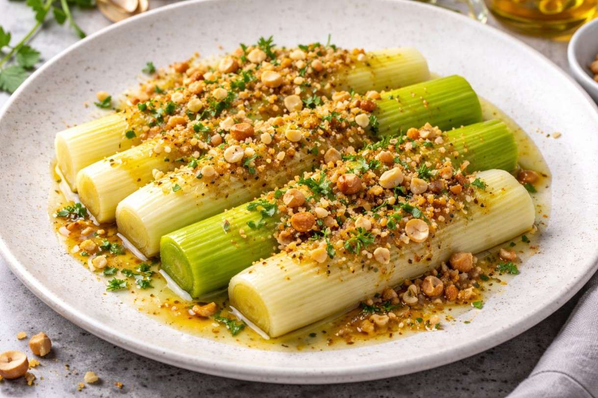Der Februar in der französischen Küche: Confierter Lauch mit Haselnuss-Vinaigrette