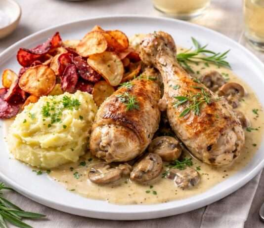 Coq au Vin Blanc mit Pastinakenstampf & Wurzelgemüsechips Coq-au-Vin-Blanc-mit-Pastinakenstampf-&-Wurzelgemüsechips