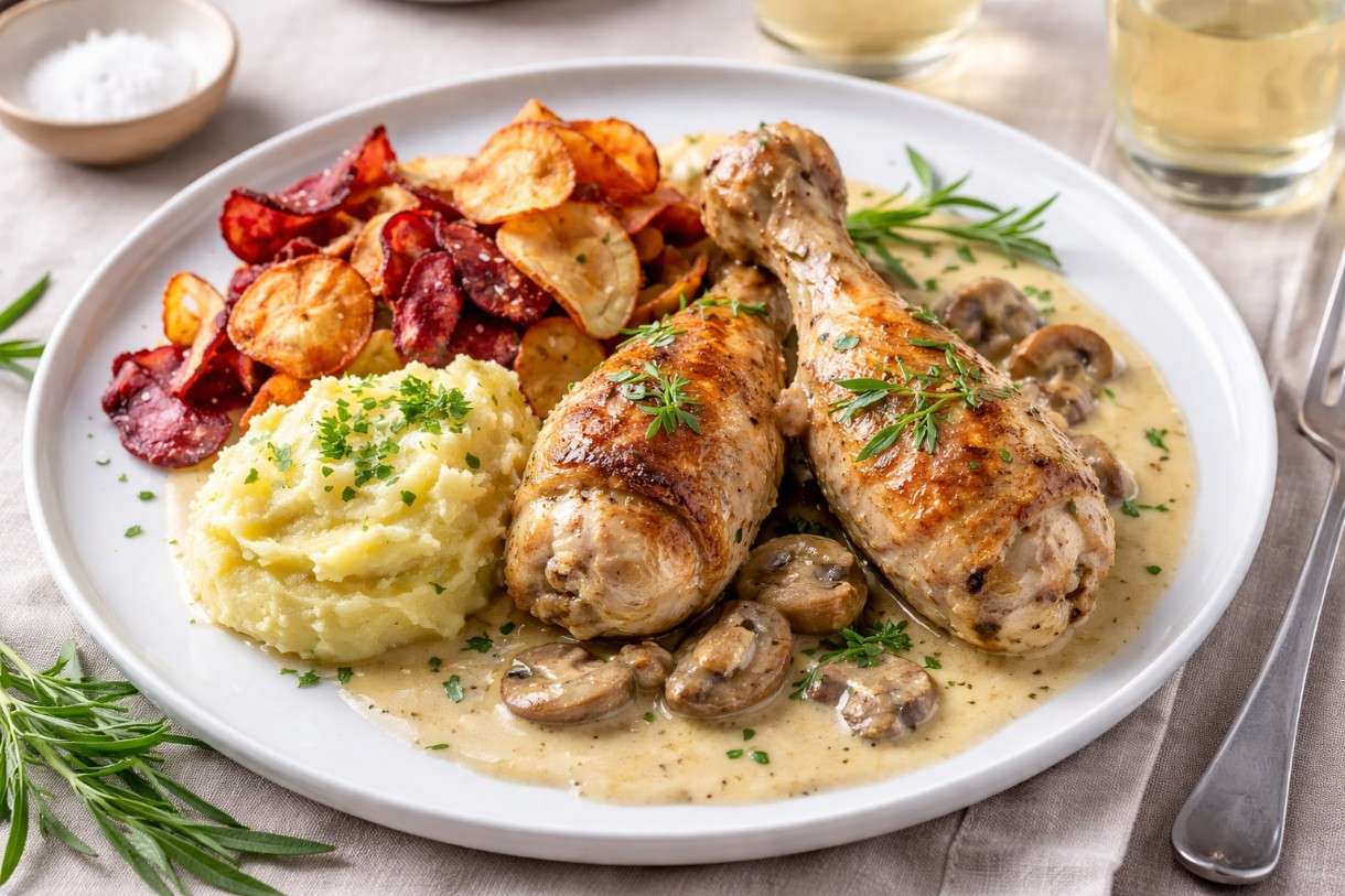 Coq au Vin Blanc mit Pastinakenstampf & Wurzelgemüsechips