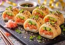 Fasnachtszeit trifft Haute Cuisine: Crêpe-Sushi mit Lachs-Tartar, Avocado & Wasabi-Crème fraîche Crêpe-Sushi-mit-Lachs-Tartar