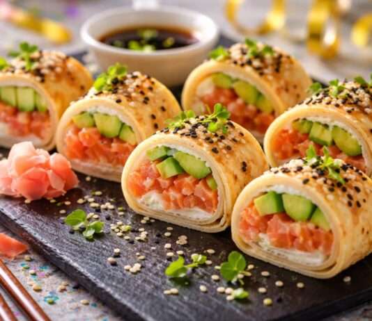 Fasnachtszeit trifft Haute Cuisine: Crêpe-Sushi mit Lachs-Tartar, Avocado & Wasabi-Crème fraîche Crêpe-Sushi-mit-Lachs-Tartar