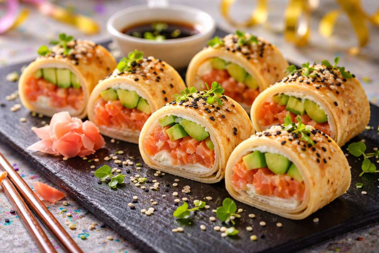 Fasnachtszeit trifft Haute Cuisine: Crêpe-Sushi mit Lachs-Tartar, Avocado & Wasabi-Crème fraîche