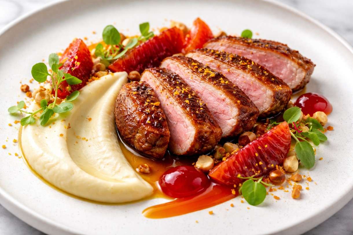 Ente à l’orange – Modern interpretiert mit Blutorangengel & Selleriepüree