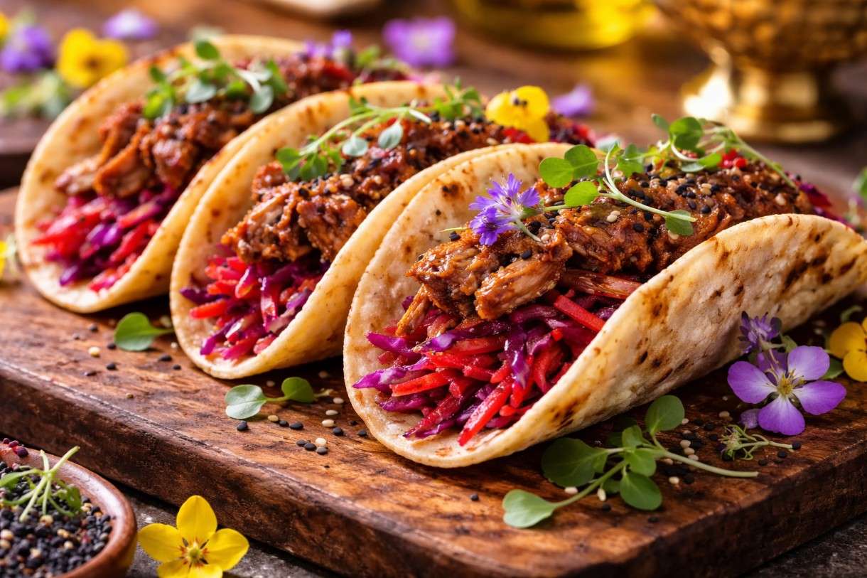 Enten-Confit-Tacos mit Lavendelhonig und Rote-Bete-Slaw