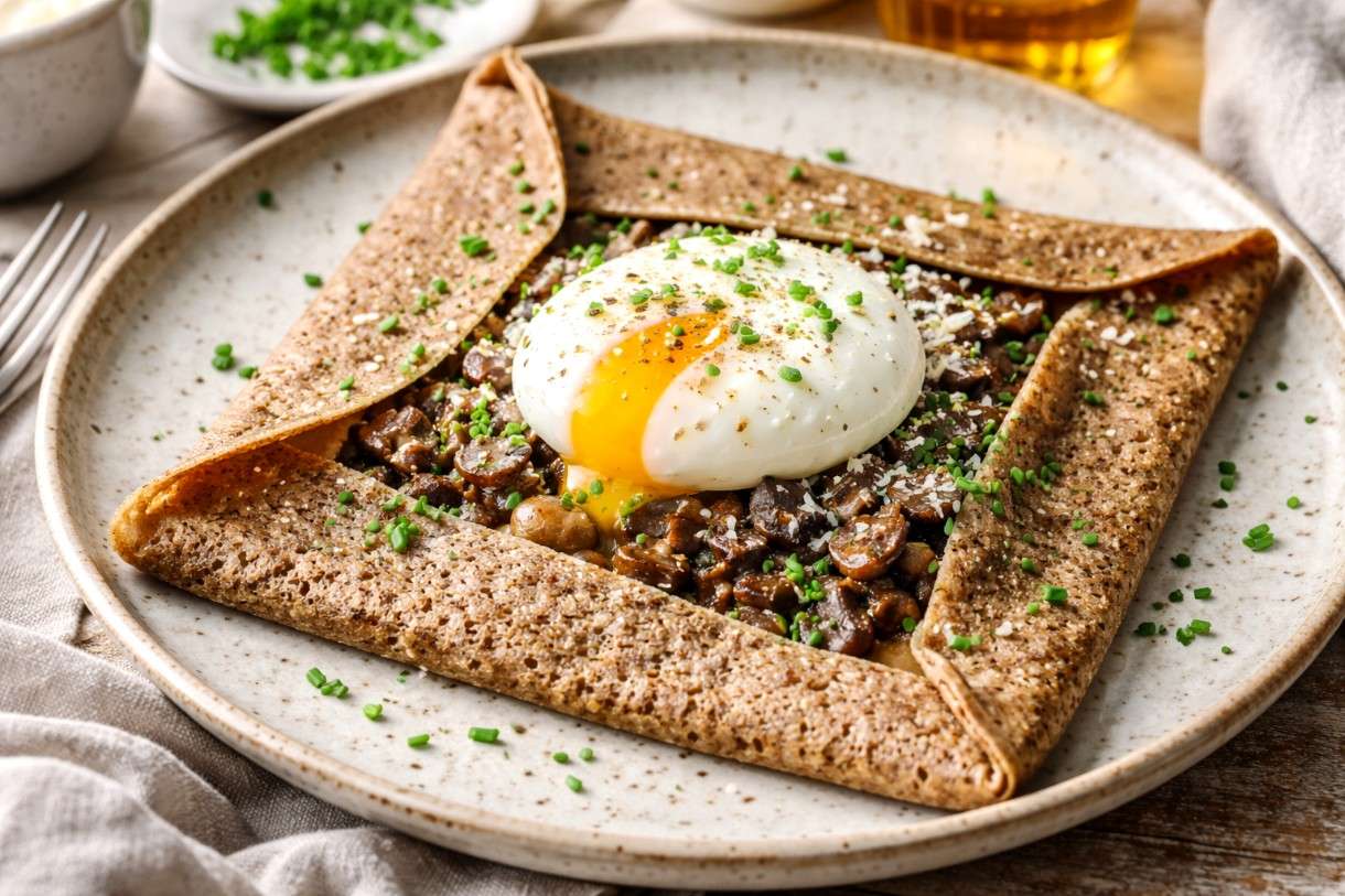 Galette de Sarrasin mit Pilz-Duxelles und pochiertem Ei