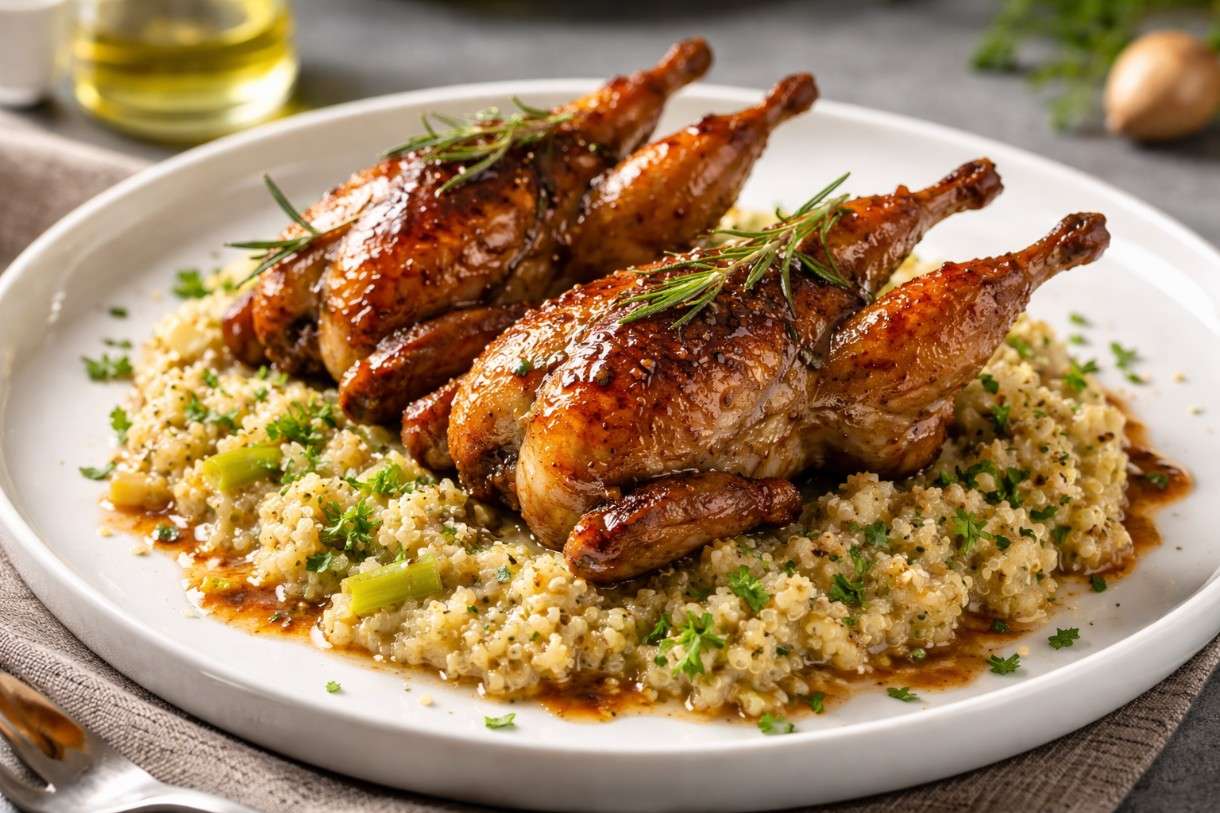 Gebratene Wachtel mit Rosmarin-Honig-Glasur & Quinoa-Lauch-Risotto