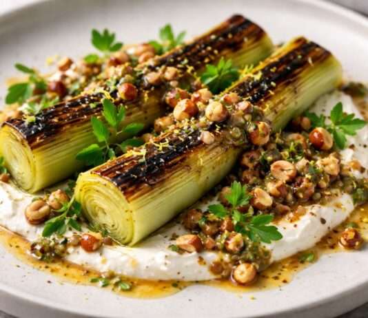 Geflämmter Lauch mit Haselnussvinaigrette und Ziegenquark Geflämmter-Lauch-mit-Haselnussvinaigrette-und-Ziegenquark