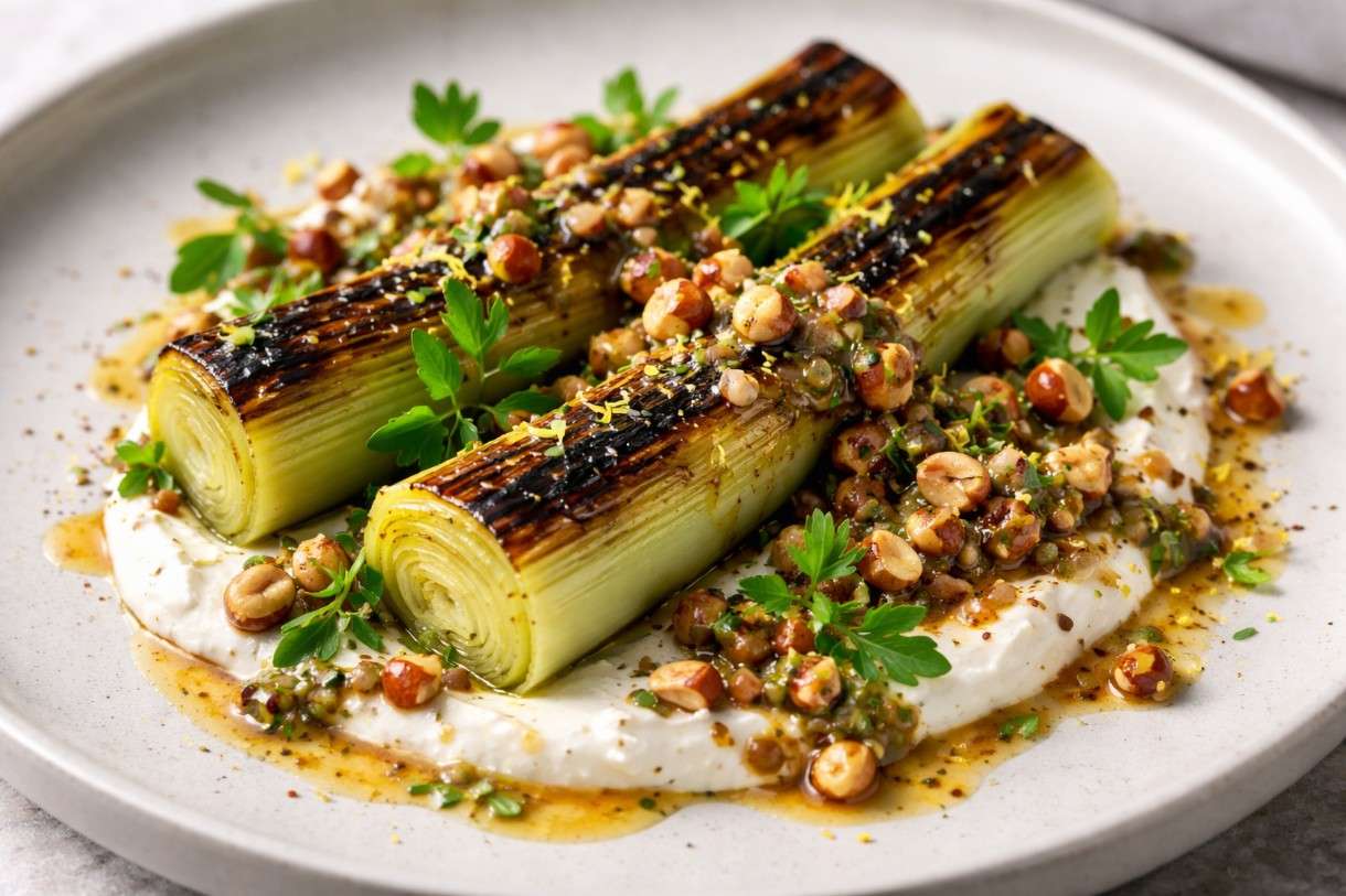 Geflämmter Lauch mit Haselnussvinaigrette und Ziegenquark