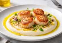 Jakobsmuscheln auf Blumenkohlcrème mit Safranöl Jakobsmuscheln-auf-Blumenkohlcrème-mit-Safranöl